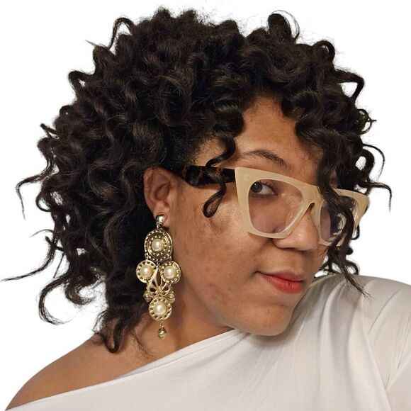 Large Vintage Gold Disk Runway Statement Pearl Cabochon Chandelier Clip-On Earri - Picture 1 of 7